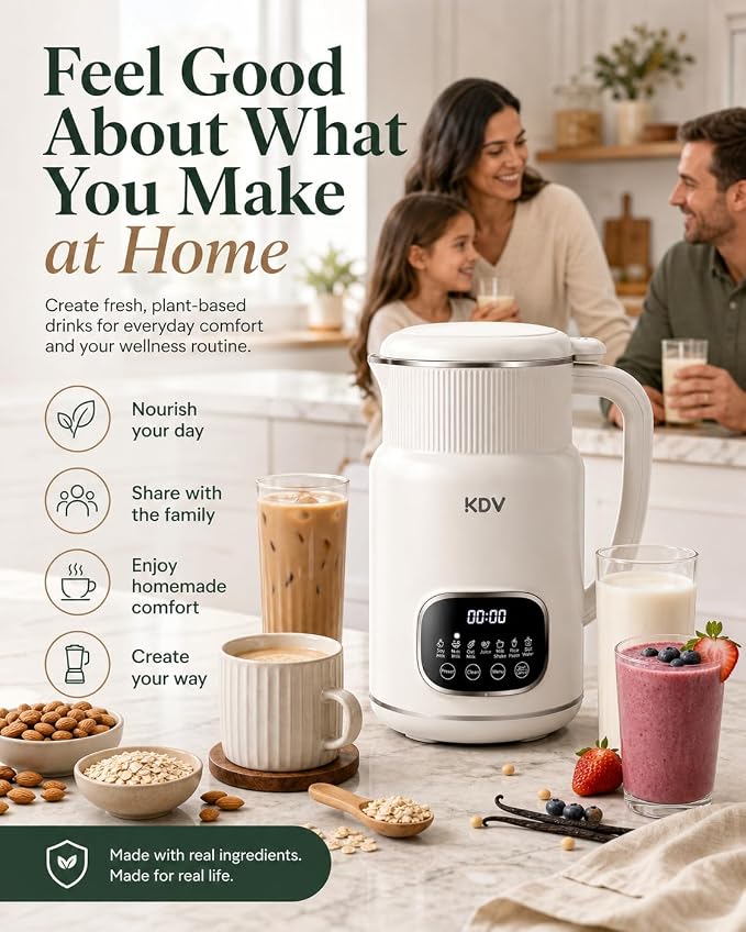KDV Nut Milk Maker Machine, 8-in-1 Multifunction Soy Milk Maker with Stainless Steel, Homemade Soy, Almond, Oat, Coconut, Plant Based & Non-Dairy Beverages, 24H Delay Start, Keep Warm, Auto Clean