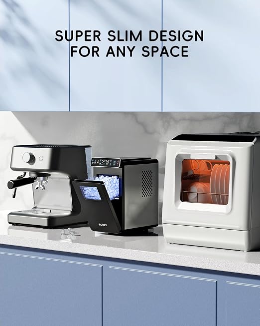 ecozy Ice Makers Countertop, Ultra Slim Design with Full-Color Panel, Internal Lights, 26 lbs/24H, Timer Ice Making, Two Ice Sizes, Portable Self-Cleaning Ice Machine for Home/Kitchen/RV
