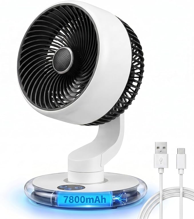 Desk Fan for Office, Rechargeable Air Circulator Fan for Bedroom Cooling, Ultra Quiet Battery Powered Table Fan, 5 Speeds, 9H Timer & 120°Oscillating Smart Portable Fan for Dorm, Home, Kitchen