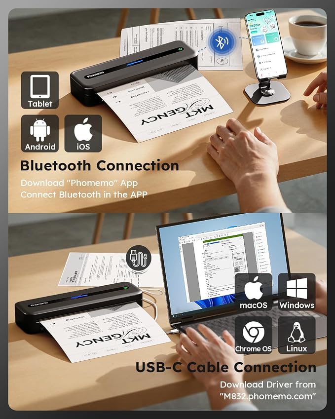 Phomemo Portable Printers Wireless for Travel, M832 Inkless Bluetooth Thermal Printer Support 8.5'' x 11'' US Letter & A4 Size, Compatible with iPhone Android Laptop for Mobile Office Home, with Case