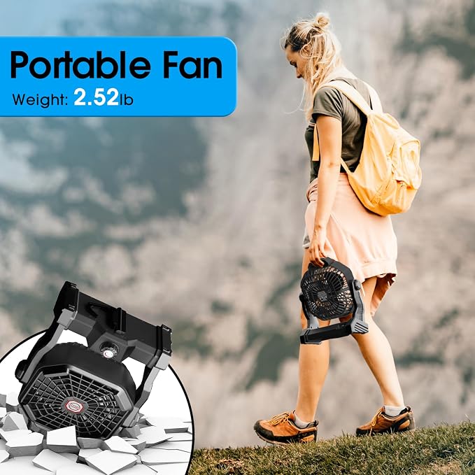 JINLICTE Portable Camping Fan, Rechargeable Battery Powered Tent Fans for Camp Hanging, [13-60Hrs Runtime], 9 Inch, Stepless Speed, Powerful&Quiet, for Picnic, Barbecue, Fishing, Travel, Home, Tent
