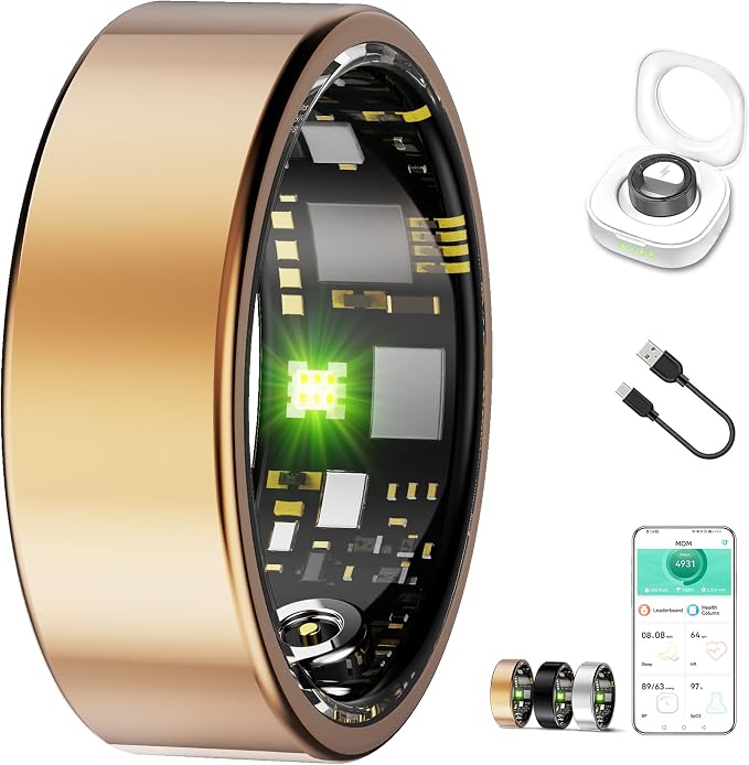 Smart Ring for Women & Men,Fitness Tracker with Heart Rate,Blood Oxygen,Blood Pressure,Sleep Monitoring, Step Counting,IP68 Waterproof,Rose Gold 10# for iPhone and Android,No Subscription