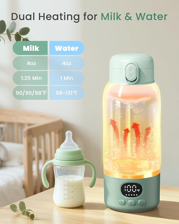 Portable Bottle Warmer - Dual Heating Modes for Breast Milk & Water, 17 Ounces, Fast Heating, Long Lasting Battery, Ideal for Travel, Outdoor, Baby Shower, Light Green