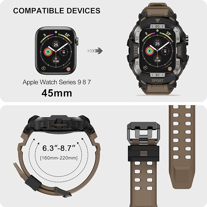 DABAOZA Rugged Case with Band Compatible with Apple Watch 45mm, for iWatch Series 9/8/7,Military Grade Shockproof Bumper and Men's Tactical Heavy Duty Strap(Desert Tan,45MM)