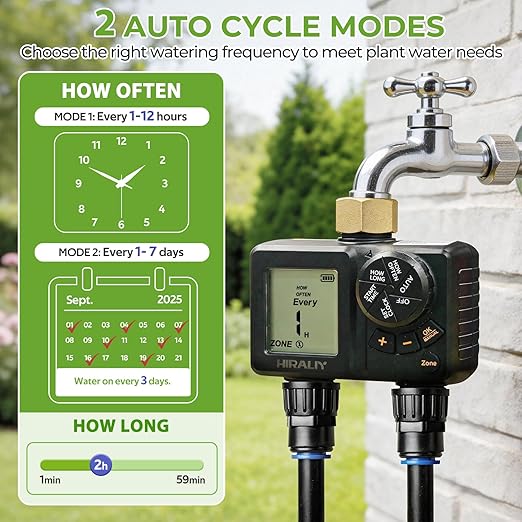 HIRALIY 82FT Drip Irrigation Kit with 2-Zone Garden Water Timer, Automatic Garden Watering System with Quick-Connect Drippers, Rechargeable Irrigation Timer Kit for Raised Beds, Patio, Greenhouse