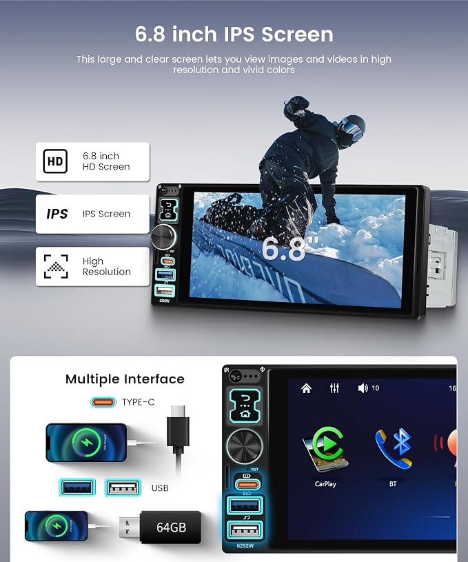 6.8" IPS Touch Screen Single Din Car Stereo, Wireless CarPlay Android Auto, Bluetooth 5.2 Handsfree Call, FM Radio EQ, Backup Camera, SWC, USB & Type-C