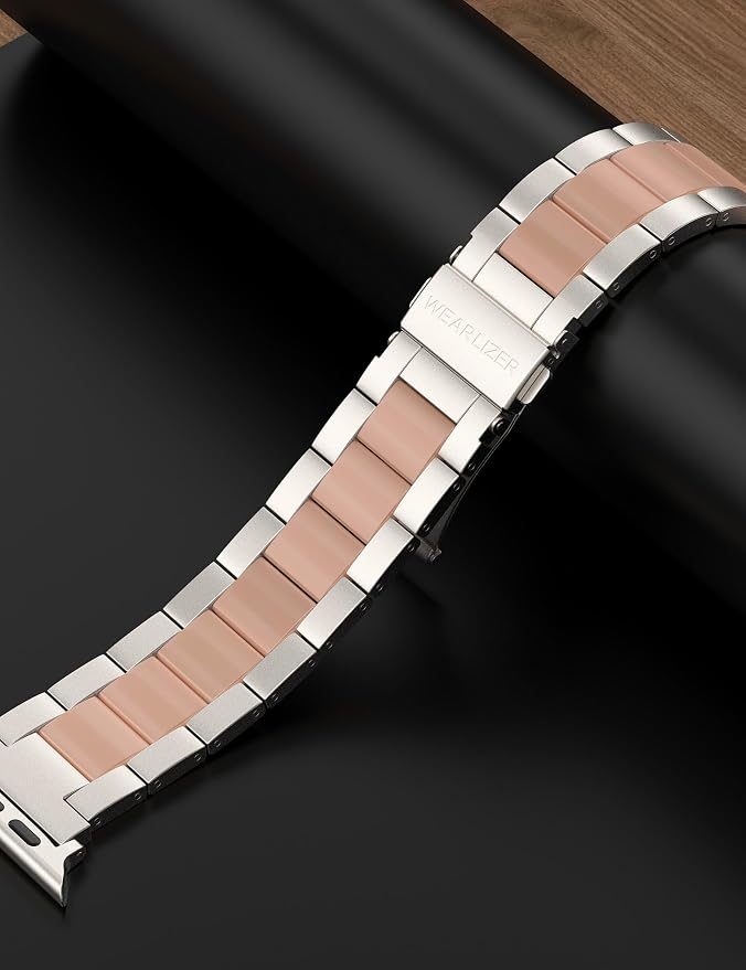 Wearlizer Compatible with Apple Watch Band 42/44/45/46/9mm Fashion Wristbands Womens, Stainless Steel+Resin Metal Replacement for iWatch Series 11 10 9 8 7 6 5 4 3 SE/Ultra 3 2 1-Starlight+Rose Gold