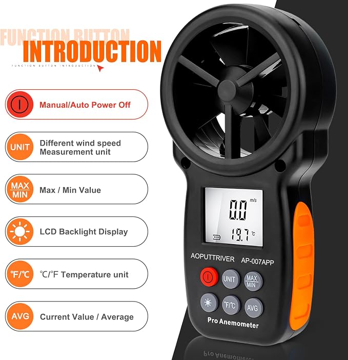 Digital Anemometer Bluetooth, Air Flow Velocity Meter Measuring Wind Temperature Wind Chill Gauge Tester, Handheld Wind Speed Meter for Outdoor Sailing Shooting Golf-AP-100APP
