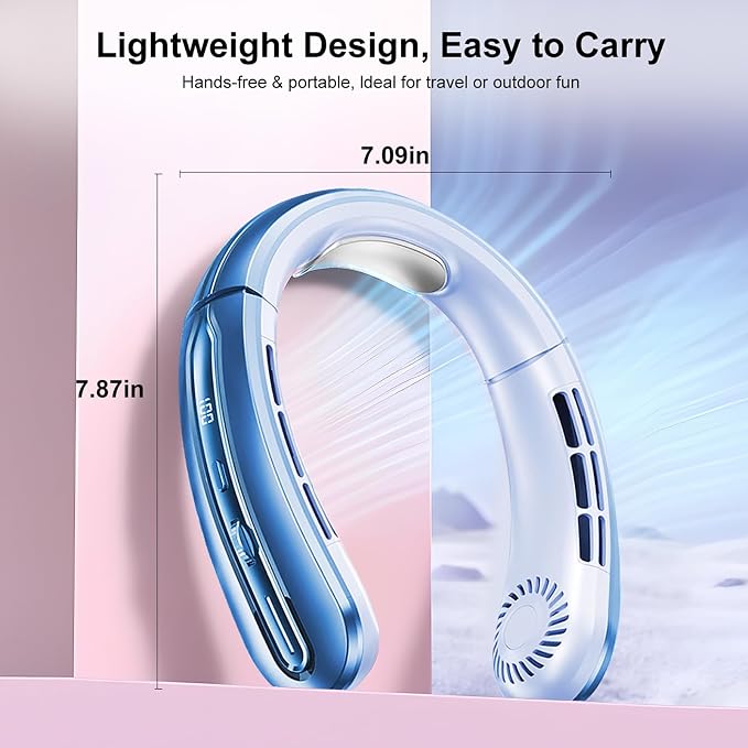 Portable Neck Fans that Blow Cold Air, Rechargeable Personal Small Wearable Cooler With 3-Speed, LED Display, 5000mAh, Type-C Port, Gift For Women, Dad, Birthday, Father, Travel, Outdoor, Grey Blue