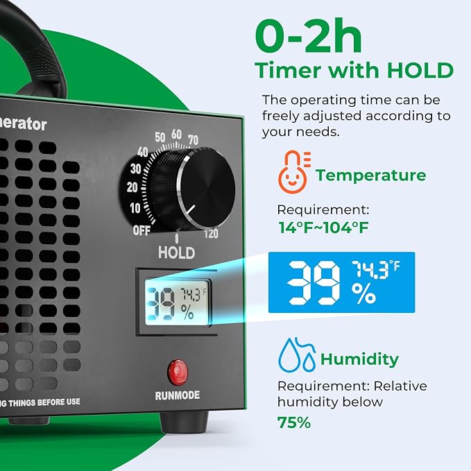 Ozone Generator 160,000mg/H with Temp/Humidity Display - 120 Min Timer O3 Ionizer Air Purifier for Large Spaces (5000 Sq.Ft) - Upgraded Ozone Machine for Cars, Homes, Hotels, Kitchens & Pet Areas