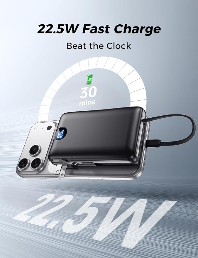 Portable Charger Power Bank 50000mAh Massive Capacity, Built-in Wall Plug USB-C & iOS Cables, 22.5W Fast Charging Battery Pack with LED Display, Travel Essential for Camping, iPhone, Samsung Black
