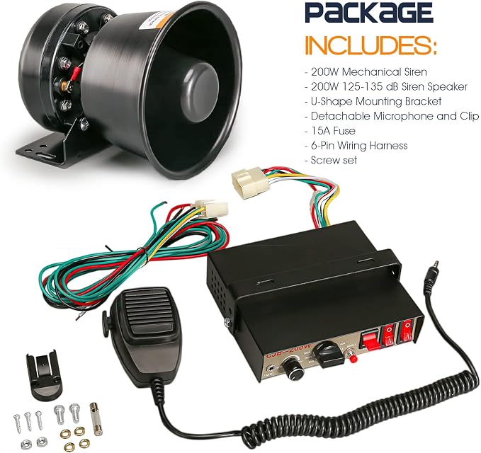 12V 200W 9 Tones Police Warning Emergency Siren PA System [Black Steel Speaker][125-135dB][Handheld Microphone][Hands-Free][2 x 10A Switches] for Firefighter Ambulance Vehicles Truck SUV ATV UTV
