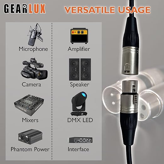 Gearlux XLR Microphone Cable, Fully Balanced, Male to Female, 6 Feet - 2 Pack