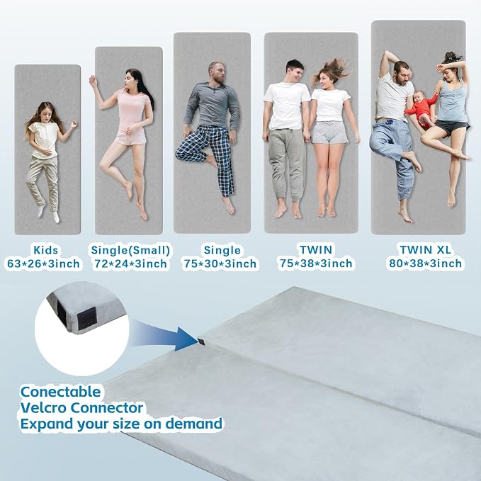 KingChii CertiPUR-US Memory Foam Camping Mattress, Portable Roll Up Travel Car Camping Mattress Sleeping Pad & Floor Mattress, Cot Mattress Guest Bed for Sleepover with Waterproof Cover & Travel Bag