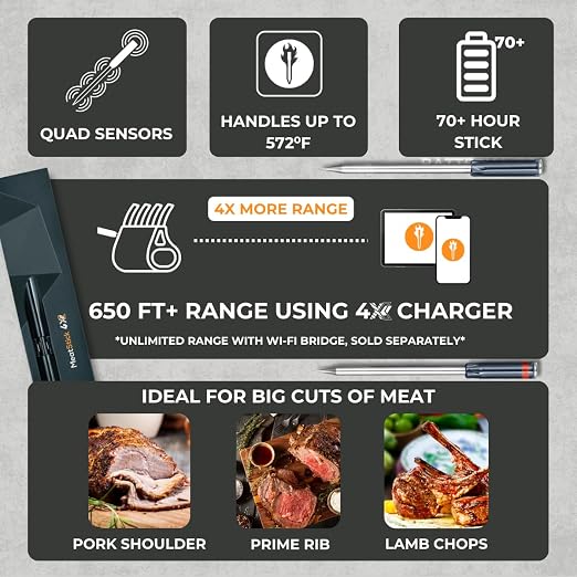MeatStick 4X Wireless Meat Thermometer for Grilling and Smoking, Bluetooth Temperature Probe with 4 Sensors, 650ft+ Range for BBQ, Smoker, Oven