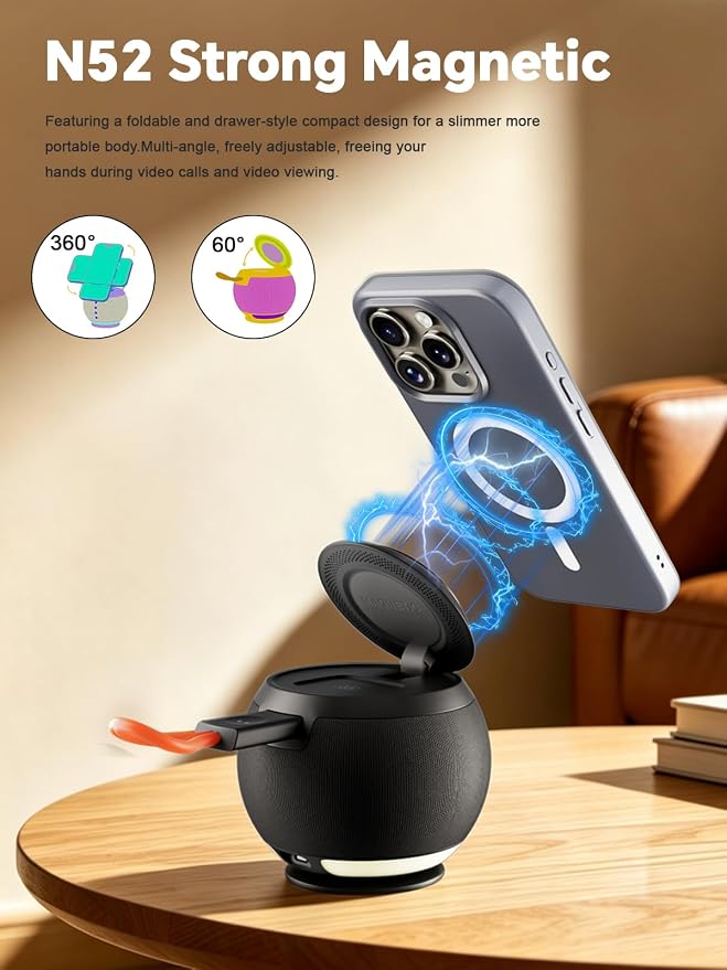 5 in 1 Wireless Charging Station with Bluetooth Speaker and Night Light, Magnetic Fast Charger Stand for iOS Phones, Smartwatch and Wireless Earbuds, Bedside Charging Station, Black