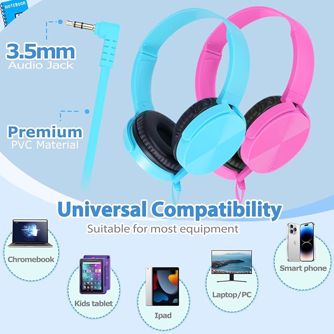 2 Pack Kids Headphones for School Classroom K-12, Swivel Foldable, HD Stereo, 3.5mm Jack Wired Headphone for Kids Children Student (Blue+Pink)