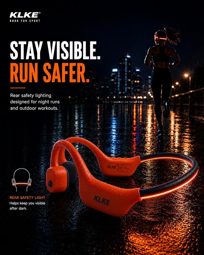 Open-Ear Bone Conduction Headphones for Running, Bluetooth Sports Headphones with Rear Safety Light, Dual Modes, Adjustable Fit, IP66 Waterproof, Mic, 10H Playtime for Gym Cycling