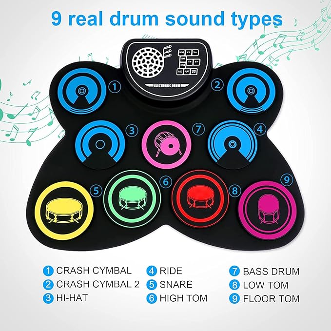 Electric Drum Set, 9 Drum Practice Pad, Roll-up Electronic Drum Pad with Headphone Jack Built-in Speaker Drum Sticks Foot Pedals, Gift for Kids