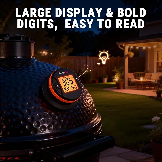 TempPro Bluetooth Grill Thermometer with LCD Display & App Alerts, 500FT Wireless Universal Temperature Gauge for Smoker, Kettle, Kamado, Pellet, Gas Grills-2 Mounting Kits Fit Most Lid Holes