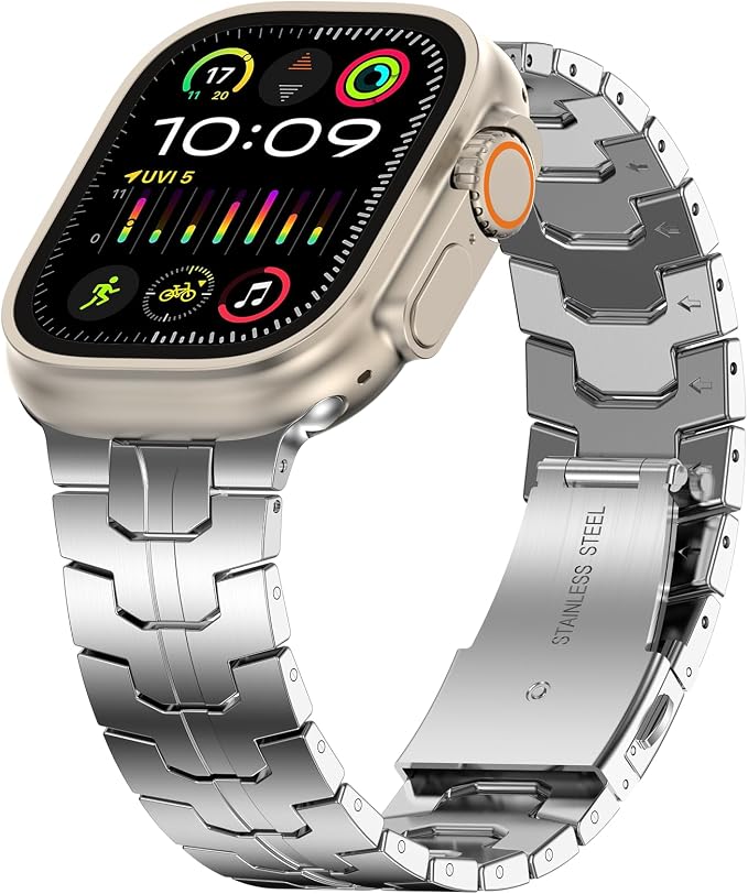 MioHHR Stainless Steel Band Compatible with Apple Watch Band 49mm 46mm 45mm 44mm 42mm(Series 3/2/1), Adjustable Metal Band for Men iWatch Series 10 9 8 7 6 5 4 3 2 1 SE SE2 SE3 Ultra3/2/1, Silver