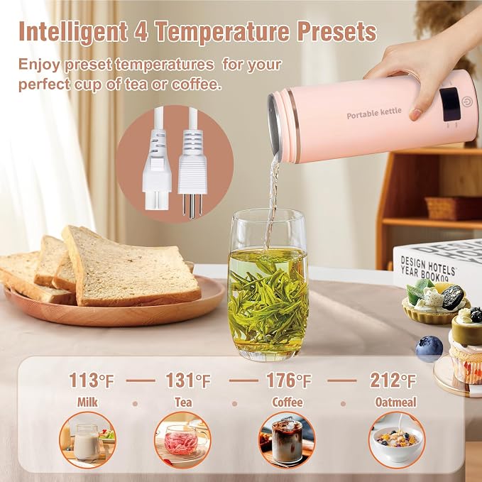 Travel Electric Kettle Portable Mini Kettle,Small Hot Water Boiler with 4 Temperature Settings,304 Stainless Steel,Fast Boiling Water with Auto Shut-Off and Boil Dry Protection (Pink, 400ml)
