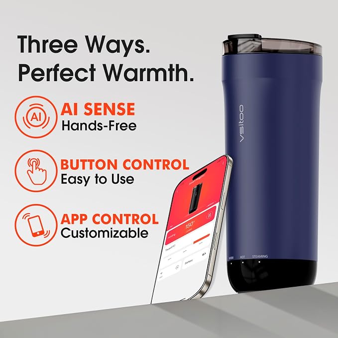 Vsitoo S5 Self Heating Travel Mug 16oz, Rechargeable Coffee Mug with Car Charger Kit, AI Auto-Sensing Temp Control Heated Cup for Home Office Car, App Control, Gift Women Men - Blue