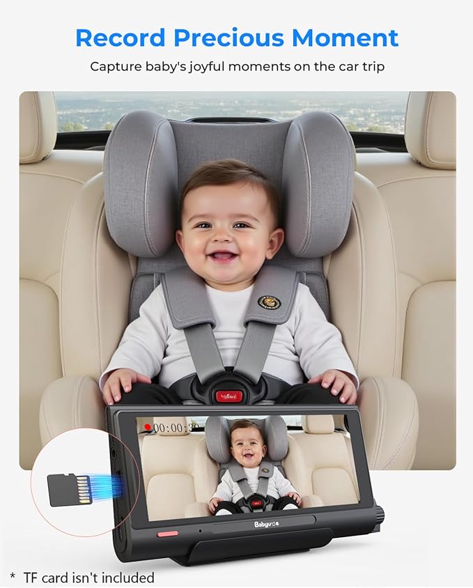 Babyvue BV7 7.2" Baby Car Camera with Carplay Split Screen and Recording, 1080P IR Night Vision Car Baby Monitor, Foldable Stand, Sleep Mode, Easy Install & Quick Pairing for Safer Driving