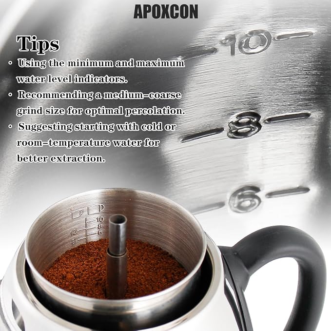 APOXCON Electric Coffee Percolator, Stainless Steel, with Clear Brew Progress Knob, No-Drip Spout, Auto Keep Warm, Cordless Serving, 10 Cup, Silver