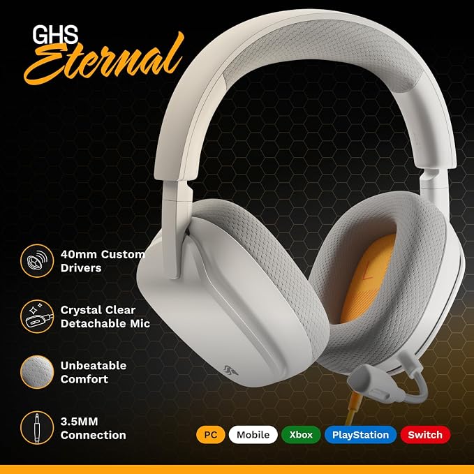 GLORIOUS GHS Eternal - Stereo Gaming Headset for PC, PS5, PS4, Xbox, Switch - Custom Tuned Angled Drivers, Adjustable Crystal Clear Detachable Mic, 3.5mm - Durable, All Day/Night Comfort - White