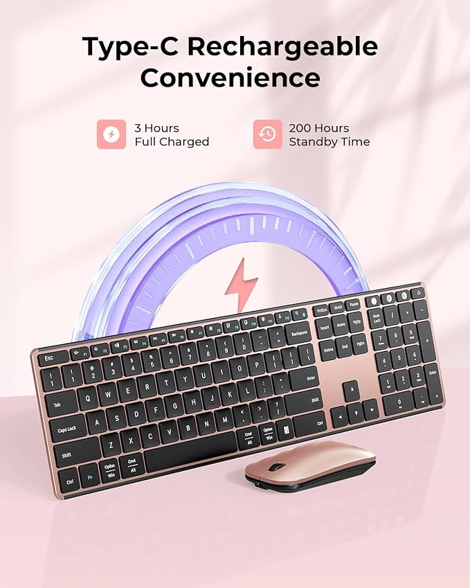 seenda Wireless Bluetooth Keyboard and Mouse Combo, SKM64-3 Rechargeable Slim Quiet Keyboard Mouse, 3 Multi-Device Connection, Compatible for Windows 11/10 PC Laptop Mac MacBook iPad, Black Rose Gold