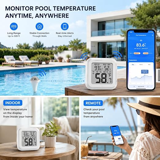 Digital Pool Thermometer with Hub, Remote Checking Easy Read Digital Floating Water Thermometer for Hot Tub, Ice Bath Swimming Pool, Spa and Fish Bowl, Gateway