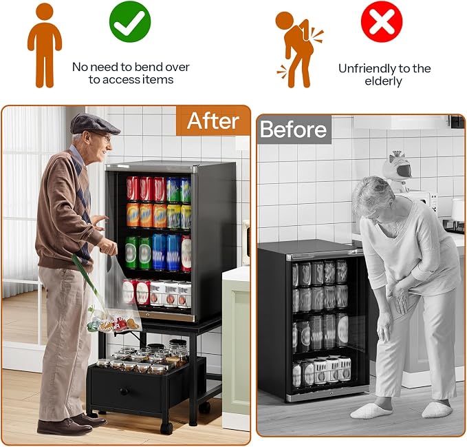 HOOBRO Mini Fridge Stand with Non-Woven Storage Basket and Power Outlet, Mini Fridge Cabinet with Wheels and Adjustable Feet, Mobile Fridge Shelf, for Home, Apartment, Dorm, Black BB355UBX01