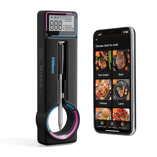Bluetooth Wirless Meat Thermometer for Smoker Ultra Thin Meat Probe, Fitflavor Wireless Meat Thermometer Probe for Grill BBQ Oven Food Cooking, Waterproof, Alarm, Timer, Data Tracking (FNT21-1)