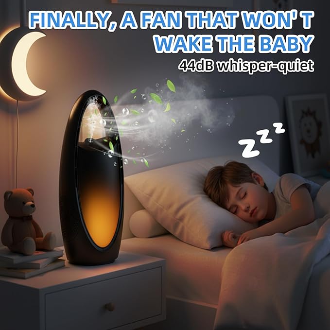 Bladeless Cooling Fan with Nano Cool Mist for Sleep & Hot Days, 13-Inch Rechargeable Quiet Desk Fan for Baby Nursery Bedroom Office Dorm, 9-Speed Oscillation, Night Light, 9H Timer