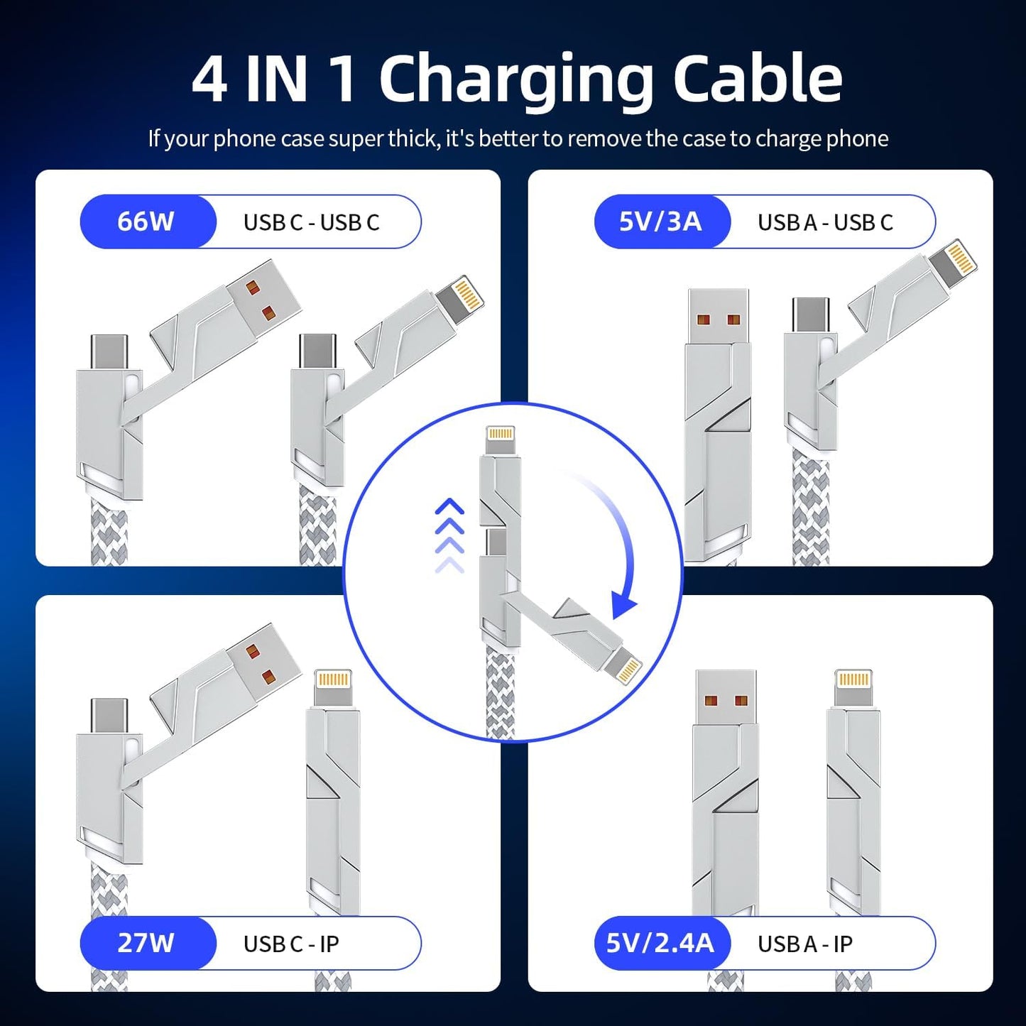 4 in 1 Charging Cable 5FT -MAX 66W Fast Charging Multi Charging Cable for All Devices, USB A/C to C/Lightning Cable Multiple iPhone Charger Cord for iPhone 16/15/14/13/iPad/Android/Tablets and More