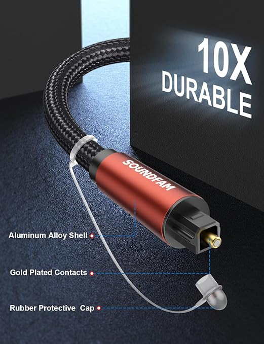 90-Degree Optical Audio Cable 6ft, 360° Swivel Right Angle Toslink Cable with Flexible Cotton Braid, Compatible with Soundbar, TV, PS5, Xbox, Home Theater for Lossless Audio