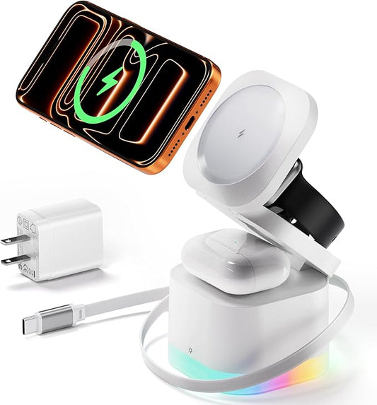5 in 1 Wireless Charger, Foldable Wireless Charging Station with Night Light for Apple Magnetic Charger, Retractable Cable Fast Charger Stand for iPhone 17/16/15/14/13/12, Apple Watch, AirPods Pro 3