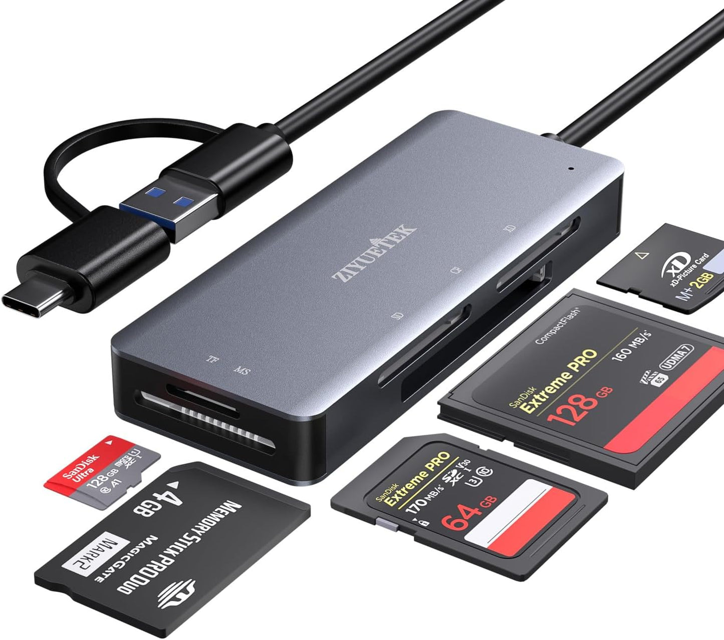 SD Card Reader, Aluminum 5in1 USB USB-C to SD Micro SD MS CF XD Card Reader Adapter Compatible with iPhone 15/16/Pro/Max, MacBook Pro/Air 2023, iPad Pro, iMac, S23, XPS 17, Surface Book 3 and More