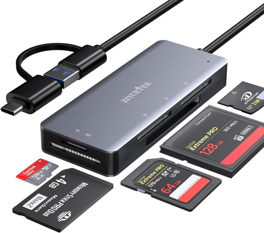 SD Card Reader, Aluminum 5in1 USB USB-C to SD Micro SD MS CF XD Card Reader Adapter Compatible with iPhone 15/16/Pro/Max, MacBook Pro/Air 2023, iPad Pro, iMac, S23, XPS 17, Surface Book 3 and More