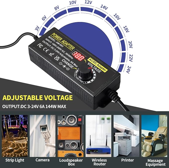 144W Adjustable Power Supply Adapter 3V~24V 6A Universal Variable Switching Power Adapter 100V-240V AC to DC Converter Transformer with 14 Tips&Polarity Converter3V 5V 6V 9V 12V 15V 16V 18V19V20V24V