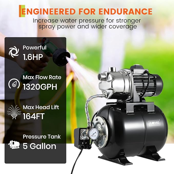 Garvee 1.6 HP Shallow Well Pump with Pressure Tank, 1320 GPH, Water Jet Irrigation Pump, Automatic Pressure Switch, Stainless Steel, for Home, Farm, Garden & Yard, Black