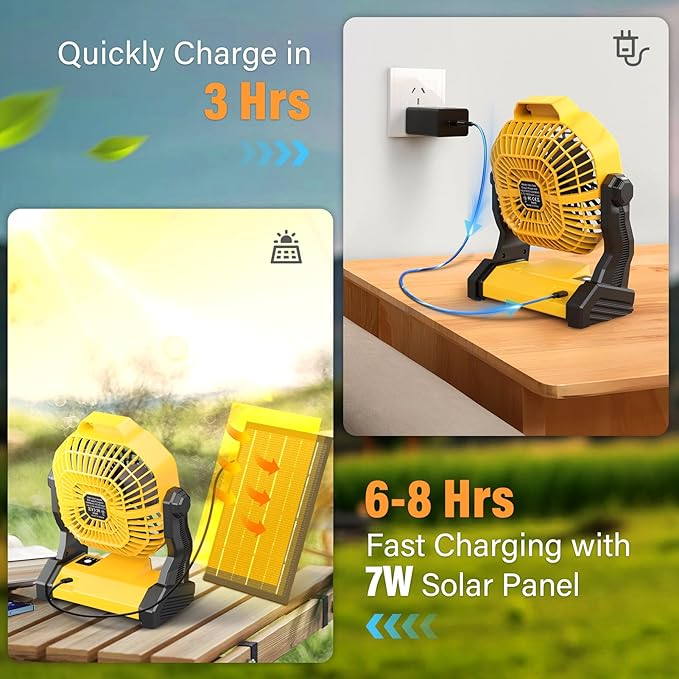JINLICTE Solar Fan with LED Lantern, Camping Fan with 7W Solar Panel, Rechargeable Solar Powered for Outside, Quiet Battery Operated Tent for Picnic, Barbecue, Fishing, Travel