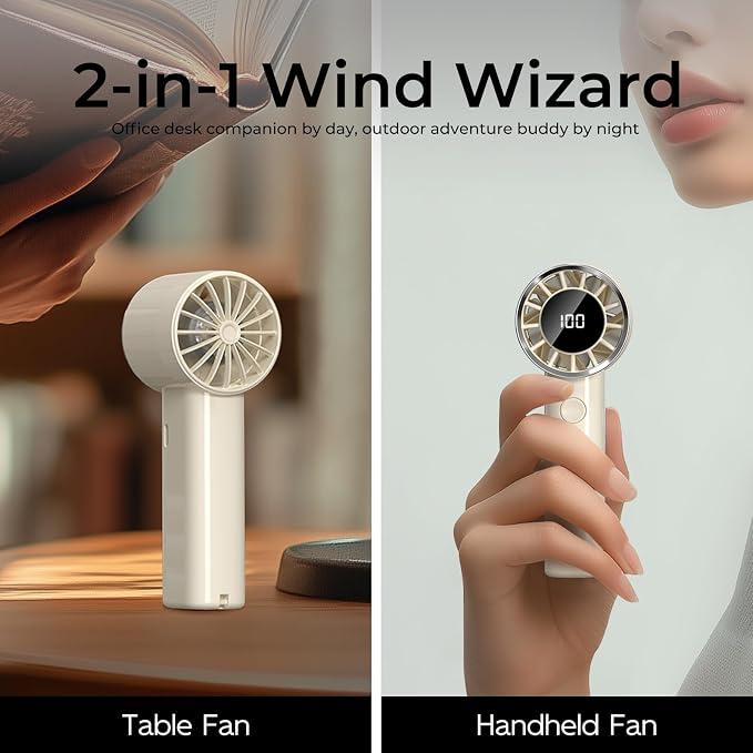 Portable Handheld Turbo Fan,Adjustable Mini Personal Fan, USB-C Rechargeable Battery Operated, Digital Display, Ultra-Quiet & Durable for Travel, Office, Gym, Outdoor (ABS Resin Exterior, Beige)
