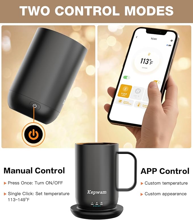 Kepwam Self-Heating Coffee Mug T1, 16oz Rechargeable Heated Coffee Mug, Smart Coffee Warmer Mug with App-Controlled,Advanced Temperature-Controlled Heating Coffee Gifts for Women Men Coffee Lover