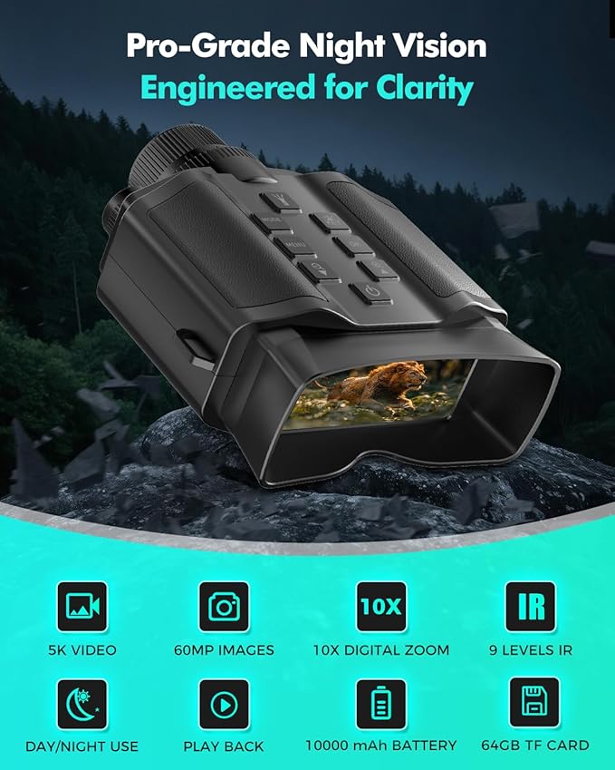 4K Night Vision Goggles for Adults, 3.99" HD Screen, 10000mAh Rechargeable Night Vision Binoculars with 64GB TF Card for Hunting Camping Surveillance