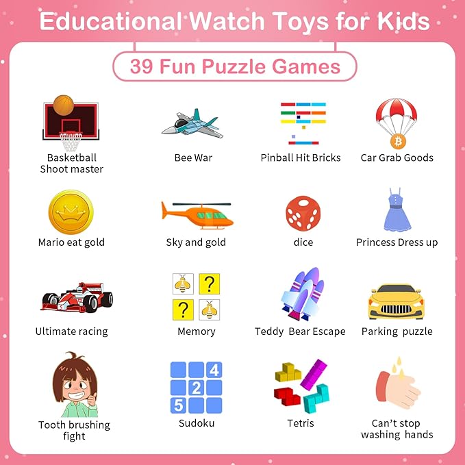 Smart Watch for Kids, Toddler Watch Toys with 39 Games Camera Video Recorder Music Alarm Calculator Calendar Stopwatch Flashlight Pedometer Birthday Gift Toys for 3-12 Year Old Boys and Girls (Pink)