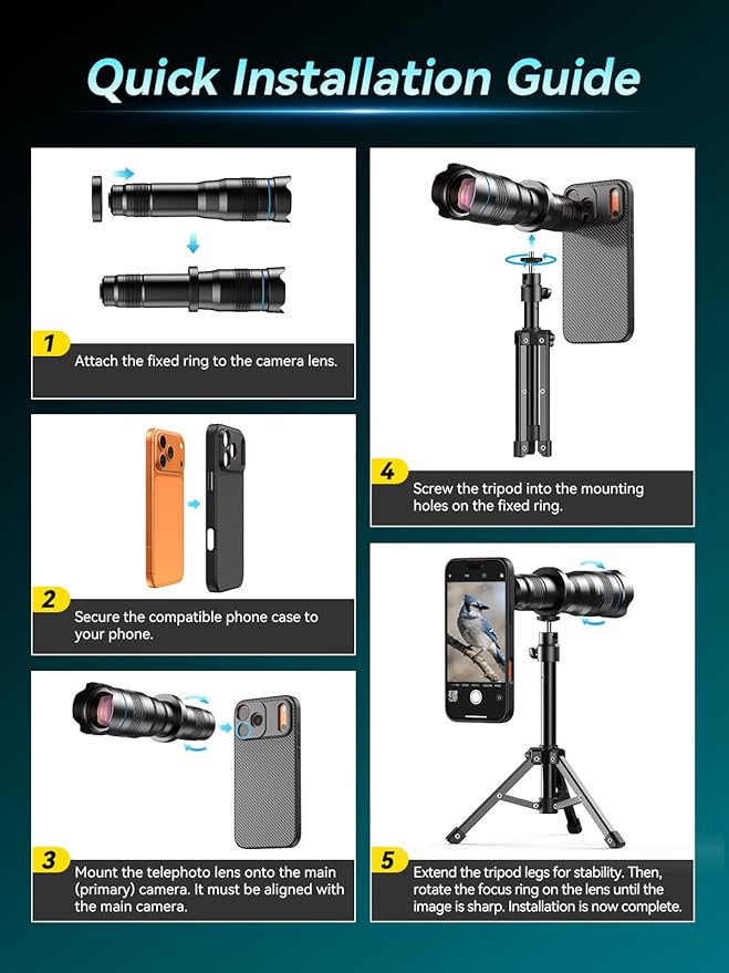APEXEL 36x Telephoto Lens Compatible with iPhone 17 Pro Max | Photography for Travel, Birdwatching, Exploration | Kit with Sturdy Metal Tripod and Threaded Phone Case