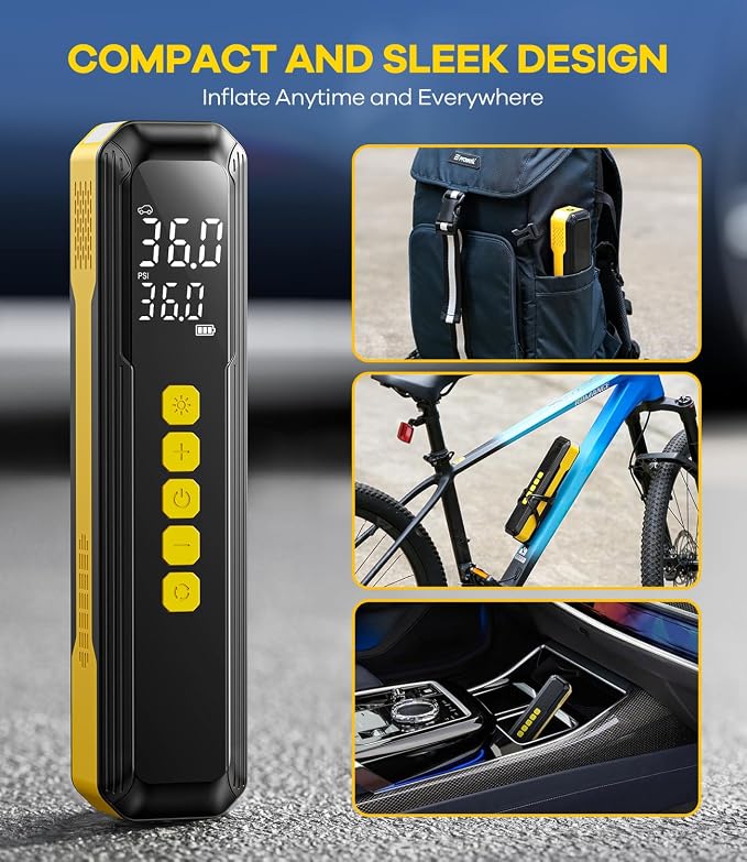 Tire Inflator Portable Air Compressor, 150PSI Air Pump for Car Tires with LED Light, Cordless Tire Pump with Digital Pressure Gauge, Tire Inflator for Car, Bike, Motorcycle, Ball (Yellow-length)
