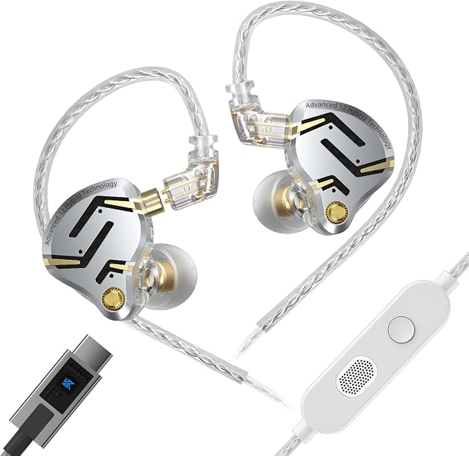 KZ ZS12 PRO 2 in Ear Monitor,1DD+5BA Hybrid Wired Earbud,IEM Earphones,Gaming Earbuds,HiFi Deep DASS IEM for Gaming,KZ Earbuds with 2PIN Cable for Audiophile (with Microphone, Silver-Type)